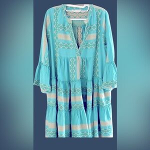 Dharma Dress  Sz M Cotton Weaved Geometric Tiered  Knee long Boho chic Hippie